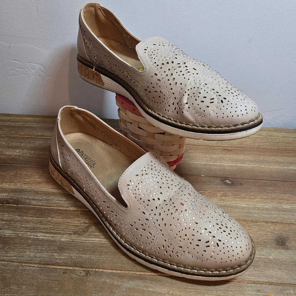 Patrizia by Spring Step Geva Beige Rhinestone Perforated Cork Loafers Size 41